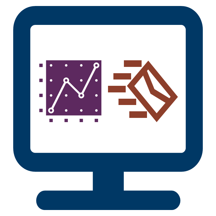 Image of computer with graph icon and mail icon on the screen.