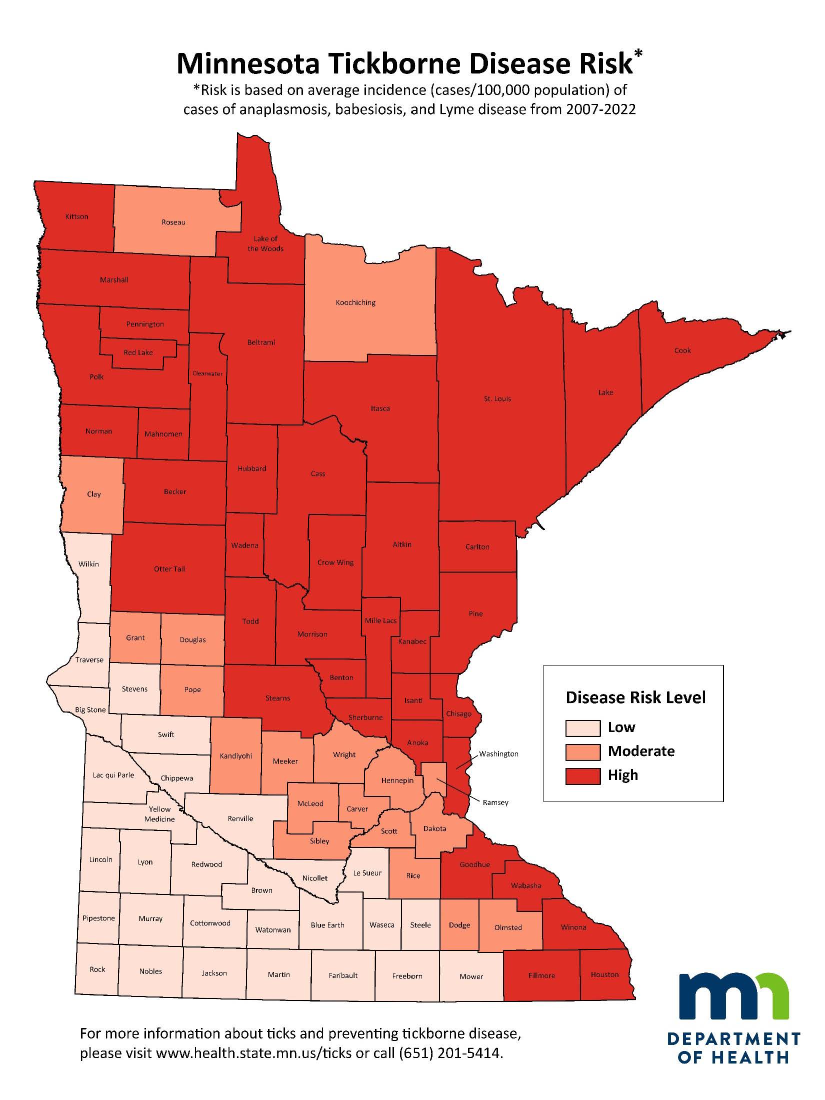 Image of state of Minnesota with areas of high risk for tick-borne diseases highlighted. Refer to PDF.