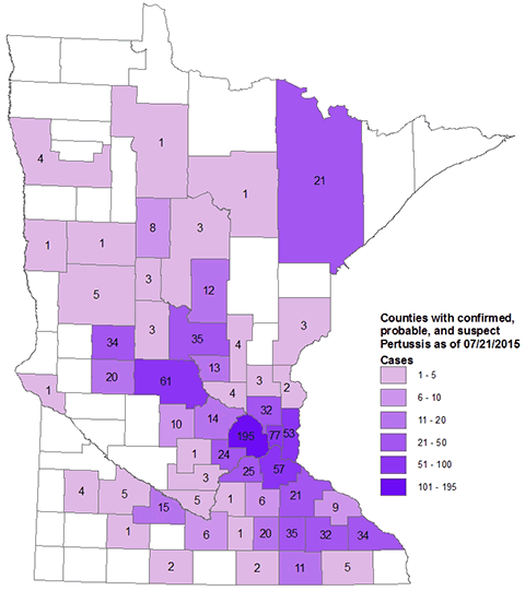 Probable and confirmed pertussis case counts by county.