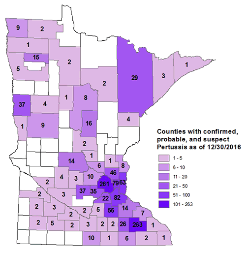 Probable and confirmed pertussis case counts by county.