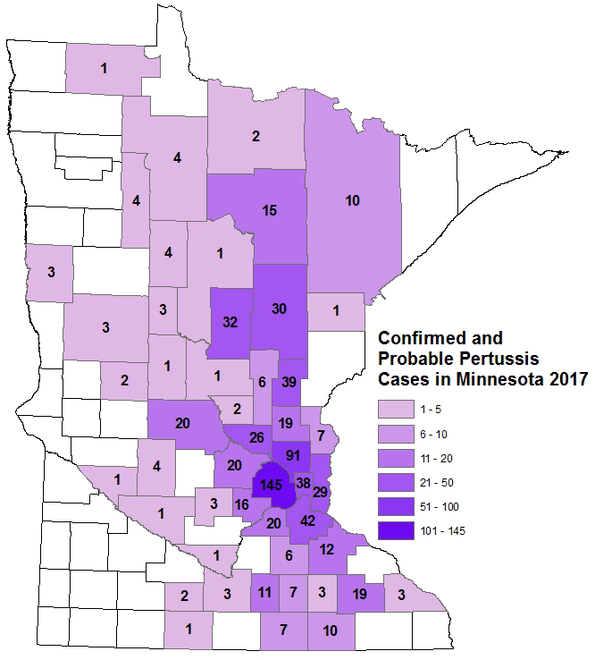 Probable and confirmed pertussis case counts by county.