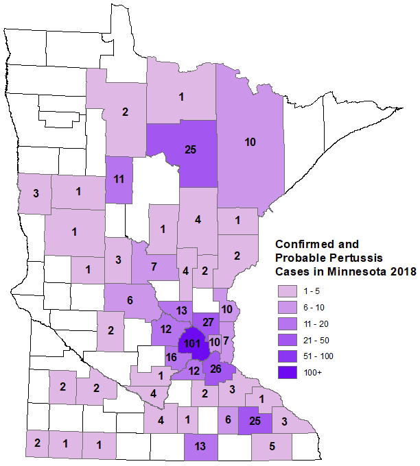 Probable and confirmed pertussis case counts by county.