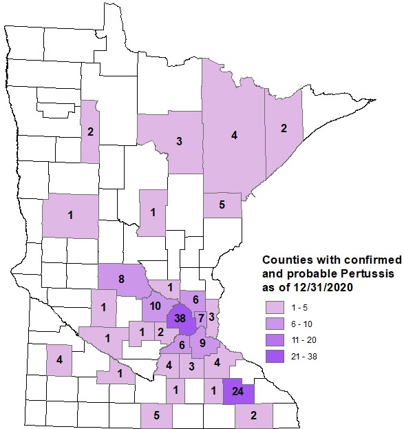 Probable and confirmed pertussis case counts by county.