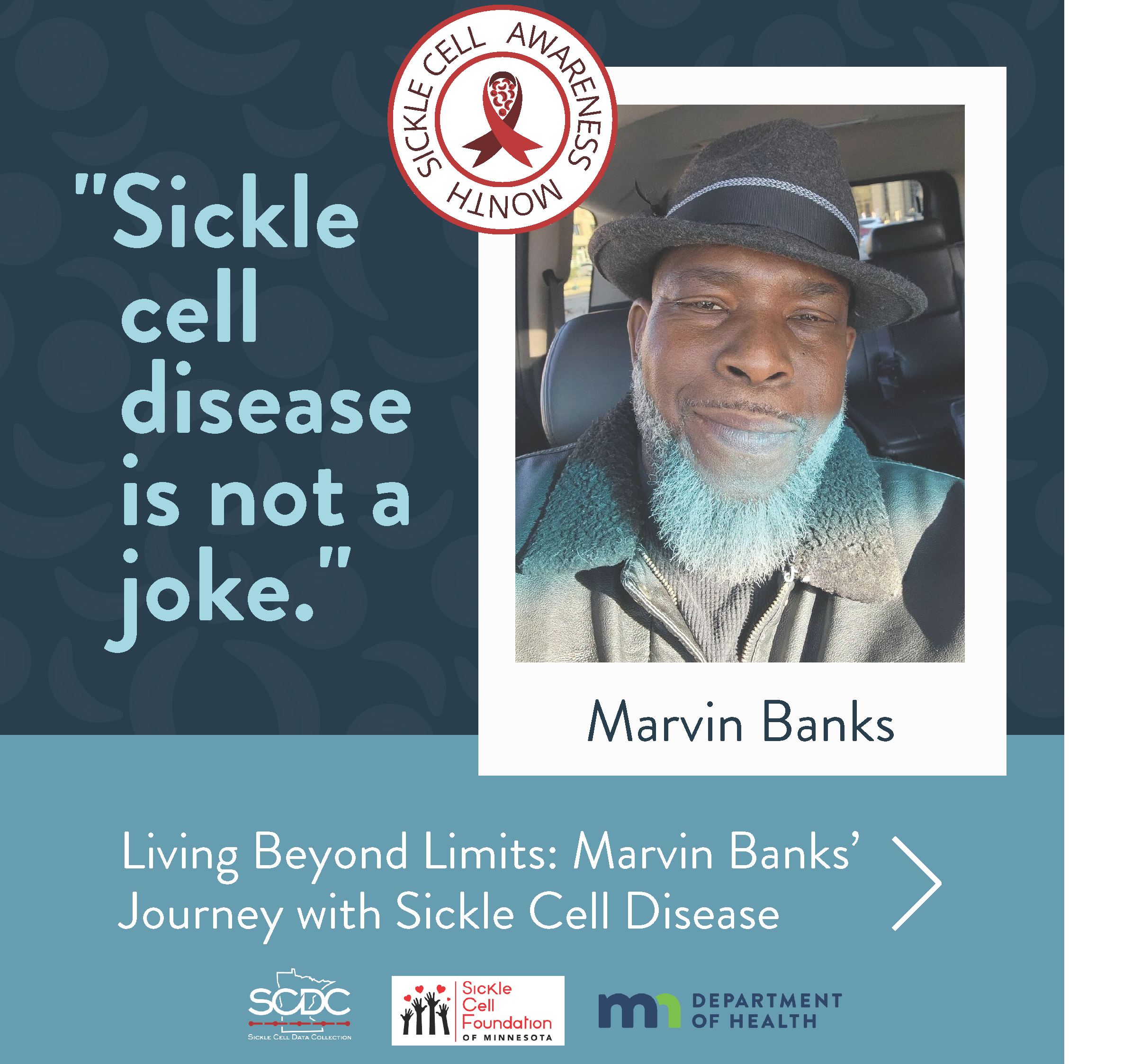 photo of Marvin Banks with a quote: sickle cell is not a joke