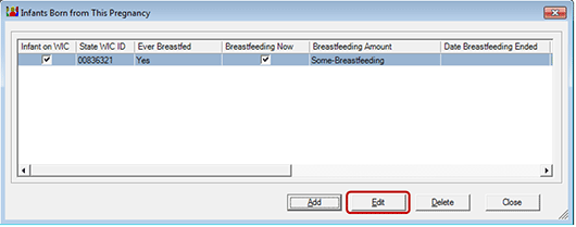 Infants Born from This Pregnancy window with Edit button circled in red