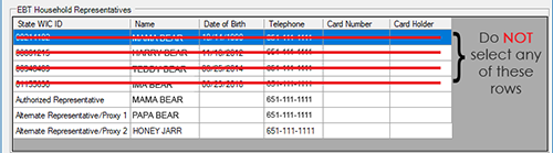 EBT Household Representatives grid with State WIC ID rows crossed out