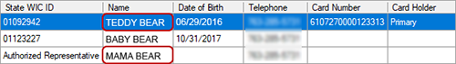 EBT Households Representatives grid where the name of the State WIC ID row and Authorized Rep row are not the same