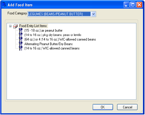 Add Food Item window with Legumes selected