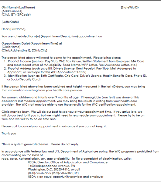 Automated appointment reminder letter sent via e-mail