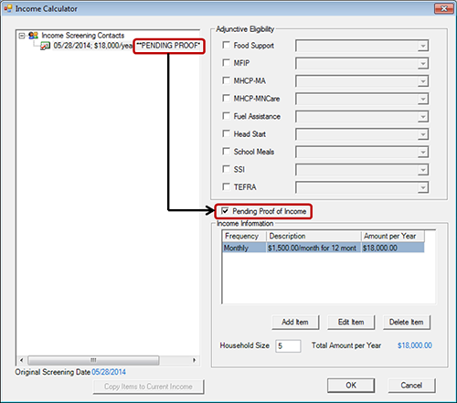 Pending Proof displaying for Income Screening Contact when Pending Proof of Income checkbox selected