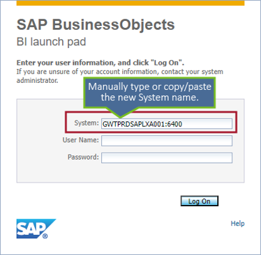 Infoview Login - Manual type or copy/pase new System Name (GWTPRDSAPLXA001:6400)