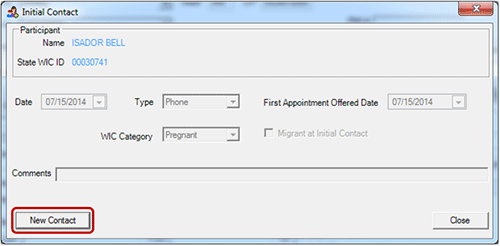 Initial Contact screen for Pregnant women on WIC before