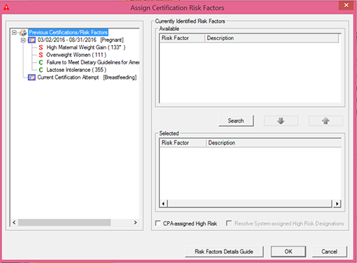 Assign Cert Risk Factors screen with no risk factors in the Selected field