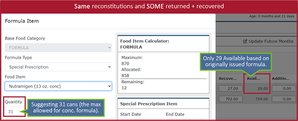 Same reconstitution and SOME returned + recovered allows issuance of more than was returned and recovered