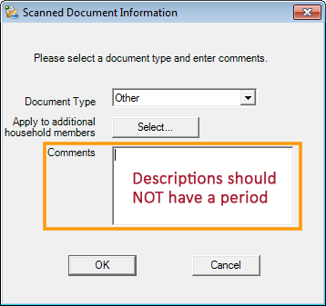 Descriptions in Comments field should NOT have a period