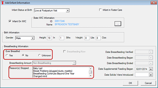 Add Infant Information screen with Reason(s) Stopped field enabled