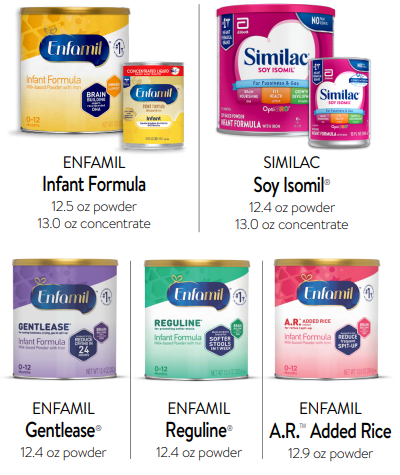 Enfamil Infant, Similac Soy, Enfamil Gentlease, Enfamil Reguline, Enfamil A.R. Added Rice